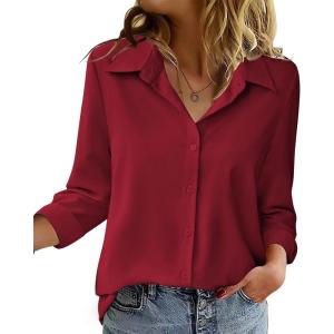 Zeagoo Blouse for Women Dressy Long Sleeve Button Down Shirts Business Casual Outfit Lightweight Solid/Printed Tops(Z Red)