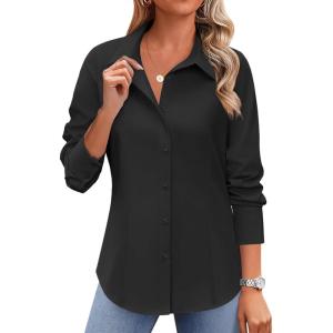 Zeagoo Button Down Shirts for Women Wrinkle Free Long Sleeve Collared Dress Blouses Casual Work Office Tunics Tops(Black)