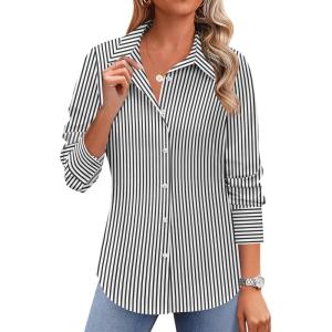 Zeagoo Button Down Shirts for Women Wrinkle Free Long Sleeve Collared Dress Blouses Casual Work Office Tunics Tops(Black Striped)