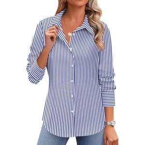 Zeagoo Button Down Shirts for Women Wrinkle Free Long Sleeve Collared Dress Blouses Casual Work Office Tunics Tops(Blue Striped)