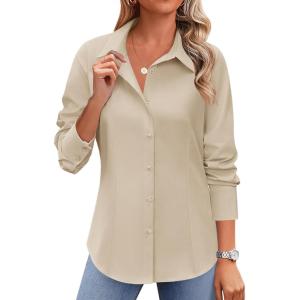 Zeagoo Button Down Shirts for Women Wrinkle Free Long Sleeve Collared Dress Blouses Casual Work Office Tunics Tops(Khaki)