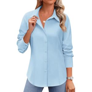 Zeagoo Button Down Shirts for Women Wrinkle Free Long Sleeve Collared Dress Blouses Casual Work Office Tunics Tops(Light Blue)