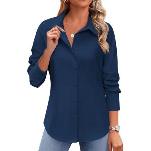 Zeagoo Button Down Shirts for Women Wrinkle Free Long Sleeve Collared Dress Blouses Casual Work Office Tunics Tops(Navy Blue)