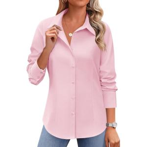 Zeagoo Button Down Shirts for Women Wrinkle Free Long Sleeve Collared Dress Blouses Casual Work Office Tunics Tops(Pink)