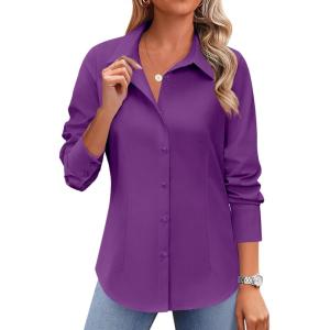Zeagoo Button Down Shirts for Women Wrinkle Free Long Sleeve Collared Dress Blouses Casual Work Office Tunics Tops(Purple)