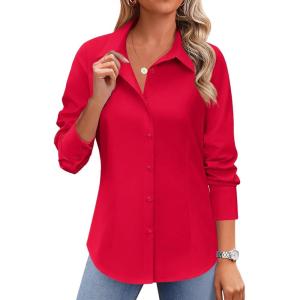 Zeagoo Button Down Shirts for Women Wrinkle Free Long Sleeve Collared Dress Blouses Casual Work Office Tunics Tops(Red)