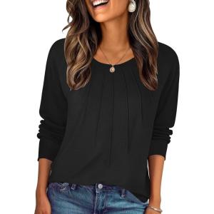 Zeagoo Fall Tops for Women Long Sleeve Shirts Casual Cotton Blouses 2025 Dressy Pleated Tunics(Black)