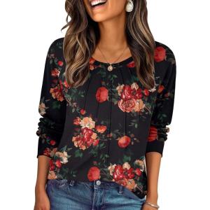 Zeagoo Fall Tops for Women Long Sleeve Shirts Casual Cotton Blouses 2025 Dressy Pleated Tunics(Black Floral)