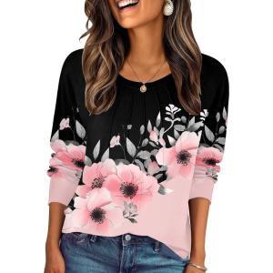 Zeagoo Fall Tops for Women Long Sleeve Shirts Casual Cotton Blouses 2025 Dressy Pleated Tunics(Black&pink)