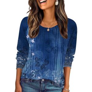 Zeagoo Fall Tops for Women Long Sleeve Shirts Casual Cotton Blouses 2025 Dressy Pleated Tunics(Blue Floral)