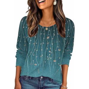 Zeagoo Fall Tops for Women Long Sleeve Shirts Casual Cotton Blouses 2025 Dressy Pleated Tunics(Blue Green)