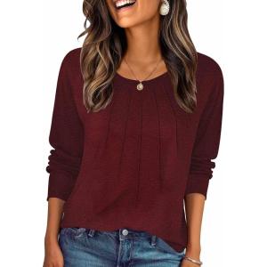 Zeagoo Fall Tops for Women Long Sleeve Shirts Casual Cotton Blouses 2025 Dressy Pleated Tunics(Burgundy)