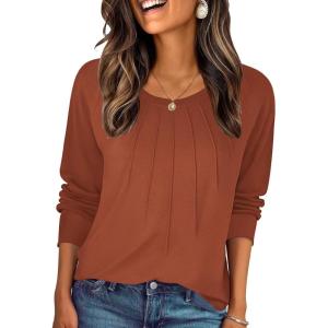 Zeagoo Fall Tops for Women Long Sleeve Shirts Casual Cotton Blouses 2025 Dressy Pleated Tunics(Caramel)