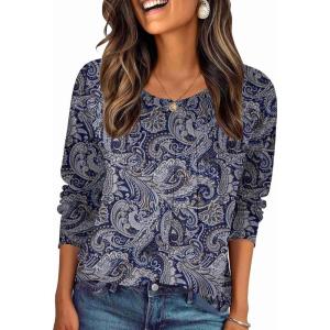 Zeagoo Fall Tops for Women Long Sleeve Shirts Casual Cotton Blouses 2025 Dressy Pleated Tunics(Chic Print 01)
