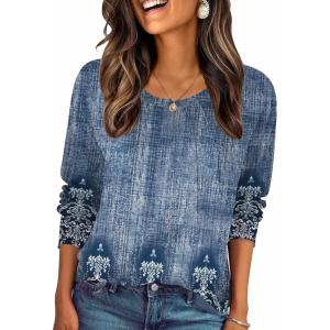 Zeagoo Fall Tops for Women Long Sleeve Shirts Casual Cotton Blouses 2025 Dressy Pleated Tunics(Chic Print 02)