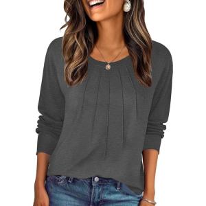 Zeagoo Fall Tops for Women Long Sleeve Shirts Casual Cotton Blouses 2025 Dressy Pleated Tunics(Dark Grey)