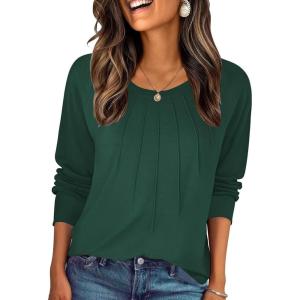 Zeagoo Fall Tops for Women Long Sleeve Shirts Casual Cotton Blouses 2025 Dressy Pleated Tunics(Deep Green)