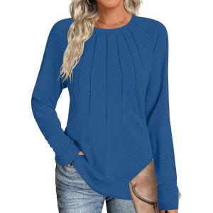 Zeagoo Fall Tops for Women Long Sleeve Shirts Casual Cotton Blouses 2025 Dressy Pleated Tunics(Deep Sky Blue)