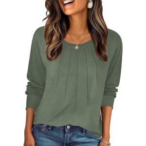 Zeagoo Fall Tops for Women Long Sleeve Shirts Casual Cotton Blouses 2025 Dressy Pleated Tunics(Green)