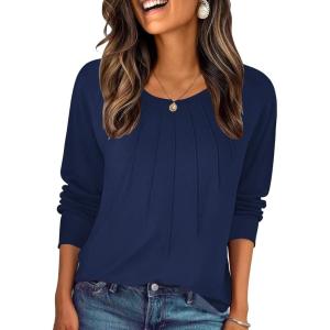 Zeagoo Fall Tops for Women Long Sleeve Shirts Casual Cotton Blouses 2025 Dressy Pleated Tunics(Navy)