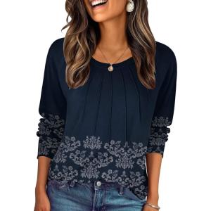 Zeagoo Fall Tops for Women Long Sleeve Shirts Casual Cotton Blouses 2025 Dressy Pleated Tunics(Navy Print)