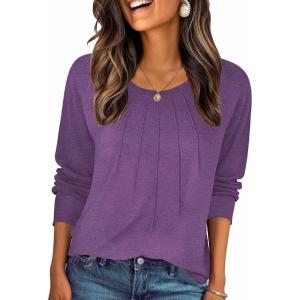 Zeagoo Fall Tops for Women Long Sleeve Shirts Casual Cotton Blouses 2025 Dressy Pleated Tunics(Purple)
