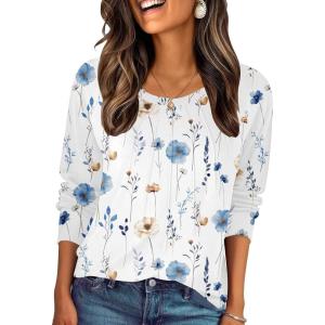 Zeagoo Fall Tops for Women Long Sleeve Shirts Casual Cotton Blouses 2025 Dressy Pleated Tunics(White Floral)