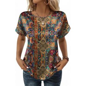 Zeagoo Satin Blouse for Women Business Casual Outfit Short Sleeve Tops Crewneck Tshirt Silk Shirt Summer Clothes(Bobo Multicolor 721)