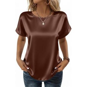 Zeagoo Satin Blouse for Women Business Casual Outfit Short Sleeve Tops Crewneck Tshirt Silk Shirt Summer Clothes(Brown)
