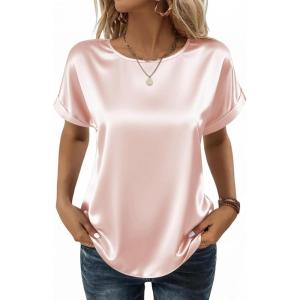 Zeagoo Satin Blouse for Women Business Casual Outfit Short Sleeve Tops Crewneck Tshirt Silk Shirt Summer Clothes(Champagne)