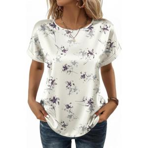 Zeagoo Satin Blouse for Women Business Casual Outfit Short Sleeve Tops Crewneck Tshirt Silk Shirt Summer Clothes(Floral Beige 1018)