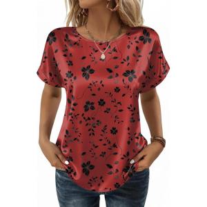 Zeagoo Satin Blouse for Women Business Casual Outfit Short Sleeve Tops Crewneck Tshirt Silk Shirt Summer Clothes(Floral Red 290)