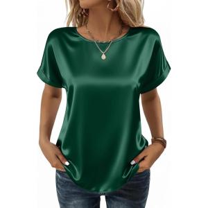 Zeagoo Satin Blouse for Women Business Casual Outfit Short Sleeve Tops Crewneck Tshirt Silk Shirt Summer Clothes(Green)