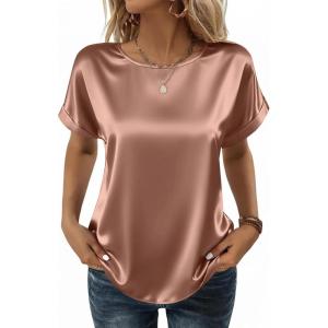 Zeagoo Satin Blouse for Women Business Casual Outfit Short Sleeve Tops Crewneck Tshirt Silk Shirt Summer Clothes(Light Khaki)