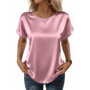 Zeagoo Satin Blouse for Women Business Casual Outfit Short Sleeve Tops Crewneck Tshirt Silk Shirt Summer Clothes(Pink)