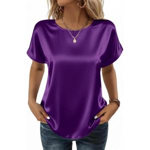 Zeagoo Satin Blouse for Women Business Casual Outfit Short Sleeve Tops Crewneck Tshirt Silk Shirt Summer Clothes(Purple)