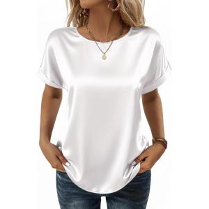 Zeagoo Satin Blouse for Women Business Casual Outfit Short Sleeve Tops Crewneck Tshirt Silk Shirt Summer Clothes(White)