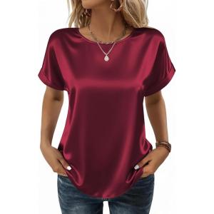 Zeagoo Satin Blouse for Women Business Casual Outfit Short Sleeve Tops Crewneck Tshirt Silk Shirt Summer Clothes(Wine Red)