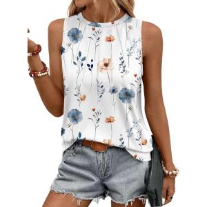 Zeagoo Summer Tank Top for Women 2026 Pleated High Neck Tops Loose Fit Flowy Dressy Tunic Sleeveless Shirts(B-1white Floral)