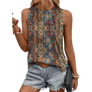 Zeagoo Summer Tank Top for Women 2026 Pleated High Neck Tops Loose Fit Flowy Dressy Tunic Sleeveless Shirts(B-boho Floral)