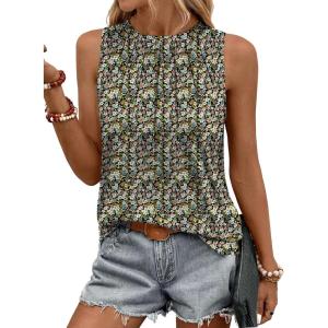 Zeagoo Summer Tank Top for Women 2026 Pleated High Neck Tops Loose Fit Flowy Dressy Tunic Sleeveless Shirts(B-floral Black)