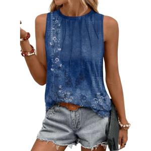 Zeagoo Summer Tank Top for Women 2026 Pleated High Neck Tops Loose Fit Flowy Dressy Tunic Sleeveless Shirts(B-floral Blue)