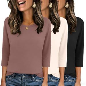 Zeagoo Tops for Women 3 Pack 3/4 Sleeve Crewneck Cute Basics Tees Casual Fashion Spring Summer T Shirts Business Work Tee Top(Black-apricot-coffee)