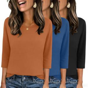 Zeagoo Tops for Women 3 Pack 3/4 Sleeve Crewneck Cute Basics Tees Casual Fashion Spring Summer T Shirts Business Work Tee Top(Black-blue-orange)