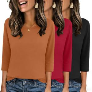 Zeagoo Tops for Women 3 Pack 3/4 Sleeve Crewneck Cute Basics Tees Casual Fashion Spring Summer T Shirts Business Work Tee Top(Black-red-orange)