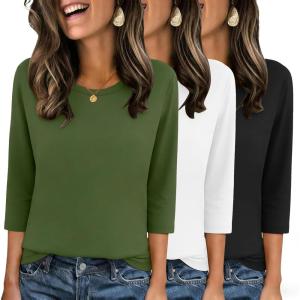 Zeagoo Tops for Women 3 Pack 3/4 Sleeve Crewneck Cute Basics Tees Casual Fashion Spring Summer T Shirts Business Work Tee Top(Black-white-army Green)