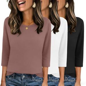Zeagoo Tops for Women 3 Pack 3/4 Sleeve Crewneck Cute Basics Tees Casual Fashion Spring Summer T Shirts Business Work Tee Top(Black-white-coffee)