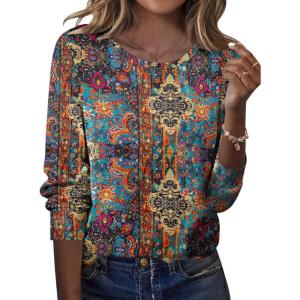 Zeagoo Tops for Women Dressy Crewneck Long Sleeve Shirts Lightweight Basic Tee Business Casual Outfits(Boho Multicolor 721)