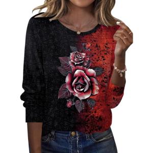 Zeagoo Tops for Women Dressy Crewneck Long Sleeve Shirts Lightweight Basic Tee Business Casual Outfits(Floral Red 309)