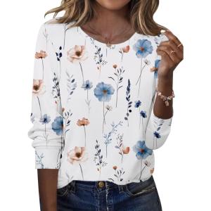 Zeagoo Tops for Women Dressy Crewneck Long Sleeve Shirts Lightweight Basic Tee Business Casual Outfits(Floral White 112)